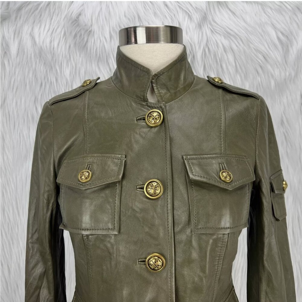 Tory Burch Sergeant Pepper Olive Green BUTTER SOFT Leather Military Jacket - Picture 2 of 16